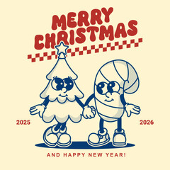 Vintage Christmas card template with tree and candy cane mascots. Contour design with dot shadows and festive lettering for heartfelt greetings