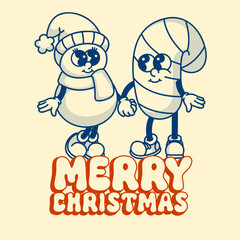 Jolly snowman and candy cane Christmas card. Vintage contour design with dot shadows and festive holiday message