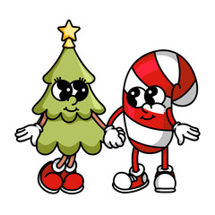 Bright Christmas tree and candy cane mascot duo. Colorful vector design isolated on white background for holiday branding and festive decorations