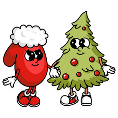 Colorful Christmas tree with ornaments and mitten mascot. Vibrant vector design isolated on white background for winter branding and gifts