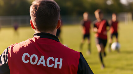Focused coach oversees soccer practice on a sunny field. The team hones skills with determination. Inspiring teamwork and discipline in young athletes. Coaching future stars!