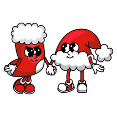 Vibrant Christmas stocking and Santa hat mascot. Colorful vector design isolated on white background for festive gifts and decorations