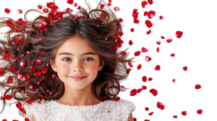 Woman with long hair and rose petals on Transparent Background