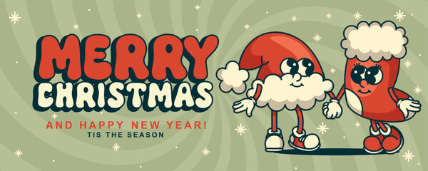 Vintage Christmas banner with santa hat and stocking mascots festive design for website header or promo flyer