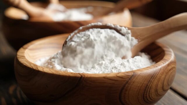 Starch in Wooden Bowls - This video shows two wooden bowls filled with white starch, such as cornstarch or tapioca starch, on a wooden surface.