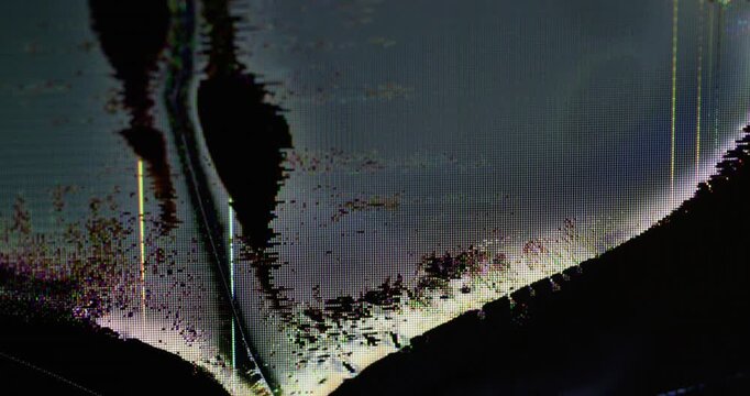 Color distortion. Digital screen. Blue pink yellow artifacts liquid wave futuristic glitch broken pixel drip on dark black art abstract background.