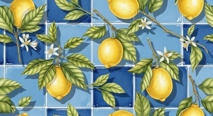A seamless pattern featuring lemons on branches with leaves and flowers over blue tile background