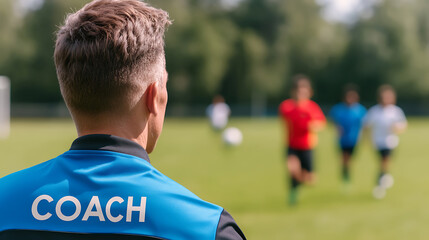 Fototapeta premium Focused coach watches young athletes during practice on a sunny green field. He wears a 