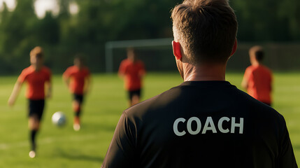 Focused soccer coach observes his team practicing on the field during a sunny day, guiding them to improve their skills & teamwork, fostering a positive environment.