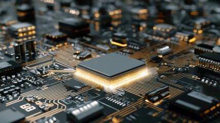 A symmetrical 3D rendering of a circuit board, featuring a chip and electronic components, illuminated by bright light, with ample space for text or advertising in the corner.