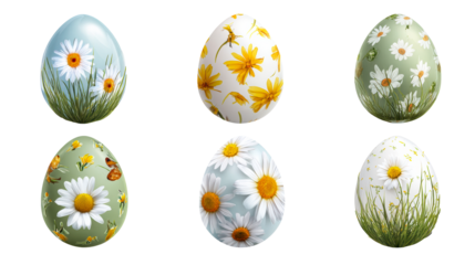 Six decorated Easter eggs with floral and grass elements, cut out transparent