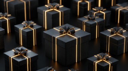 black gift boxes with glowing ribbons,