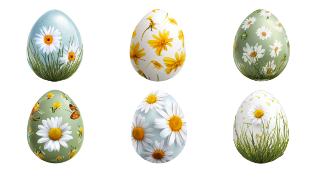 Six decorated Easter eggs with floral and grass elements, cut out transparent - Powered by Adobe