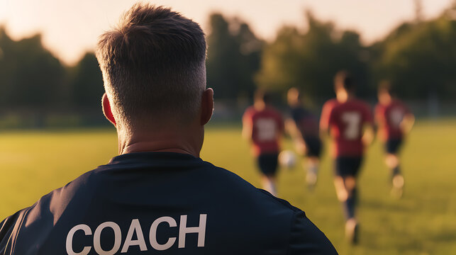 Focused on the game, a soccer coach observes his players practice on a lush green field. The players, in red jerseys, are practicing drills during a golden hour sunset. Strategy and skill development