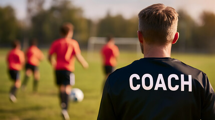 Fototapeta premium A coach looks on as his team trains on the field. He is wearing a black shirt with 