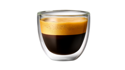 Espresso drink with rich crema in a clear glass cup, cut out transparent