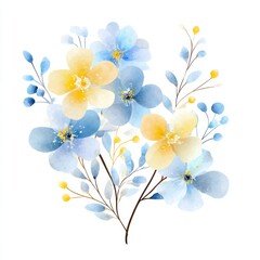 Fototapeta premium Delicate watercolor pressed forget-me-not flowers in soft blue and yellow hues evoke a serene cottagecore aesthetic. Perfect for enhancing romantic and nostalgic themes.