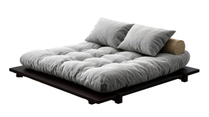 Tufted futon mattress with striped pillows on dark wood platform, cut out transparent