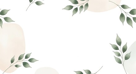 Watercolor leaves and abstract shapes on a white background creating a frame like composition