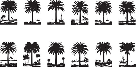 palm trees on the beach engraving outline vector art illustration design, palm tree silhouette, hand drawn beach drawing, line art palm tree, sea, beach, summer view, vintage palm tree on sea beach.