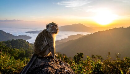 Monkey sitting on a rock overlooking a misty sunrise in the mountains.