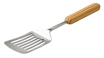 Metal spatula with wooden handle on white background, cut out transparent