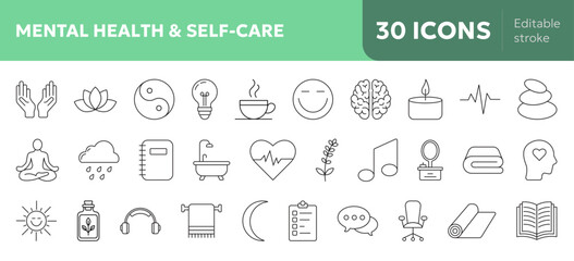 Mental health & self-care icons set for wellness, mindfulness, awareness concepts