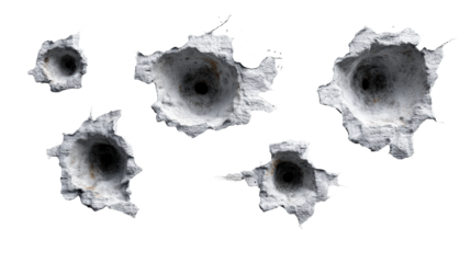 Multiple impact holes with cracked concrete and debris, cut out transparent