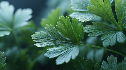 closeup of fresh parsley growing, herbs and healthy food theme