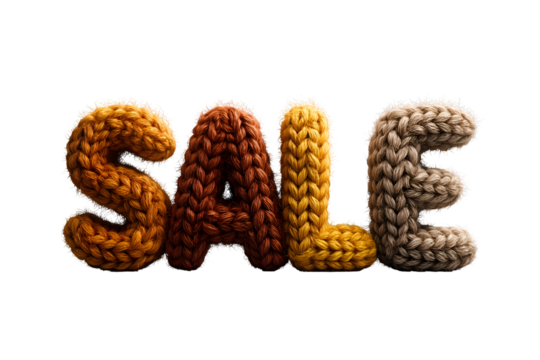 Knitted sale text on transparent background, perfect for advertising a cozy winter or holiday promotion isolated on transparent background - Powered by Adobe