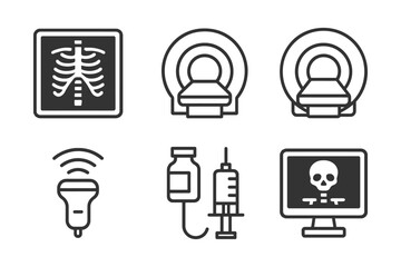 A collection of medical symbols, including a CT scan, a syringe, a monitor, and a skull. These icons represent various medical procedures. Vector. 
