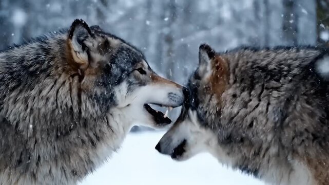 Powerful Gray Wolves Snarling Face-to-Face During an Intense Confrontation in a Snowy Winter Wilderness