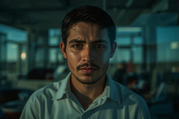 Introspective Man portrait serious gaze intensity emotion workplace