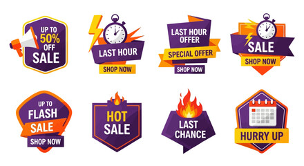set of sale labels. Collection of vibrant sale badges isolated on white background, featuring eyecatching designs with bold typography and dynamic shapes to promote special offers and discounts