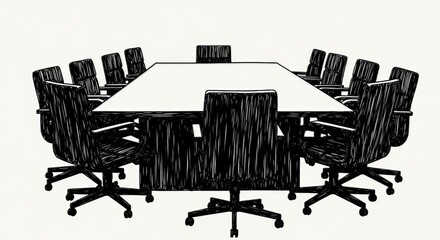 Illustration of a conference room with a large square table and many office chairs around it