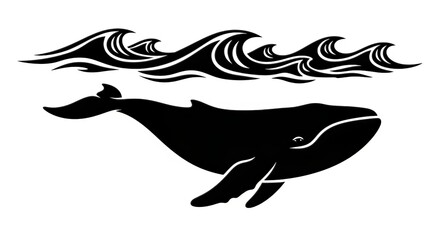 Black silhouette of a whale swimming under stylized waves on a white background in simple design