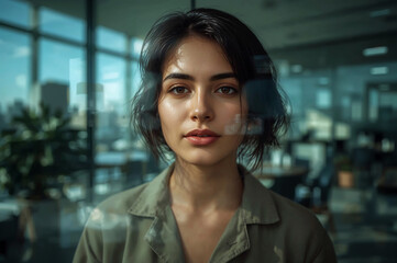 Portrait of serene woman reflected on glass building sunlight view