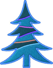 Festive christmas tree embroidery patch with glowing blue stitch. joyful neon decoration for holiday season