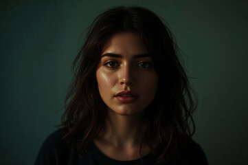 Portrait of a Woman with Brunette Hair and Green Backdrop Subtle Light