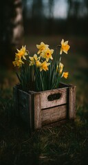 Yellow daffodils bloom in a rustic wooden crate on grassy ground.