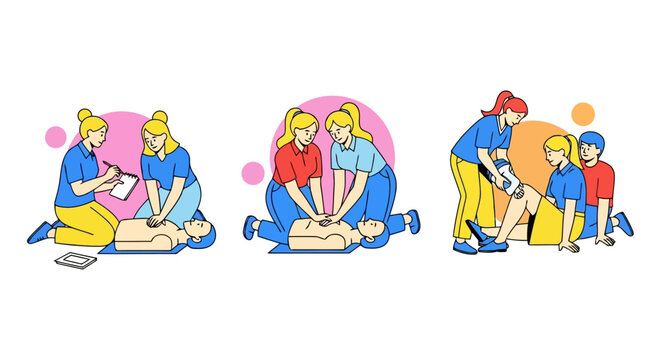 A group of people are learning cpr in a first aid training class, isolated on white background they are practicing on a dummy