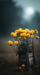 Yellow flowers bloom in a rustic wooden container against a foggy sky.