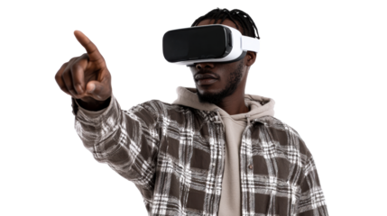 Black man wearing VR headset pointing forward, cut out transparent