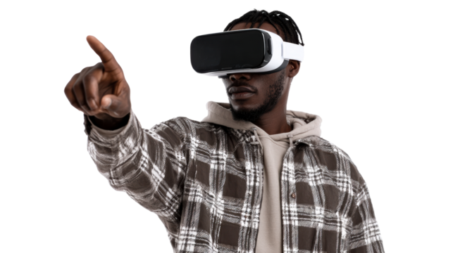Black man wearing VR headset pointing forward, cut out transparent - Powered by Adobe