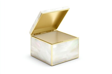 Ornate mother of pearl box with gold trim opens on white background.