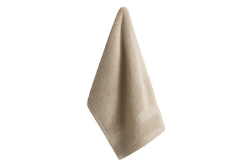 Beige cotton terry towel hanging, clean soft fabric for bath, spa, or hotel hygiene on transparent background