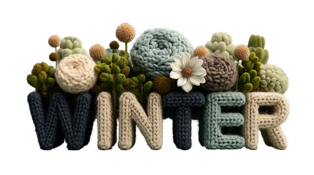 The word winter made of knitted yarn and flowers isolated on transparent background is a beautiful and cozy design element