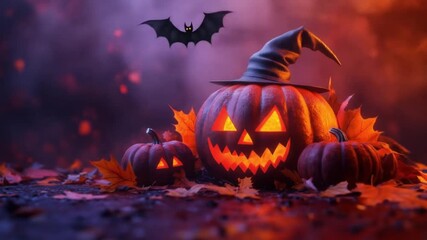 A spooky Halloween pumpkin with bats and a witch's hat. Halloween: glowing jack-o'-lanterns, a bat. Pumpkins with triangle eyes and a mischievous smile, a spooky Halloween atmosphere.                  - Powered by Adobe