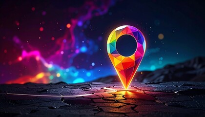 Luminous polygonal location pointer shining brightly on a fractured dark ground with a colorful celestial nebula backdrop