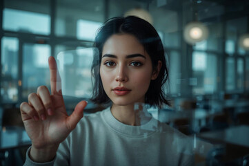 Young Woman Touching Interface Innovation Future Tech Connection AI